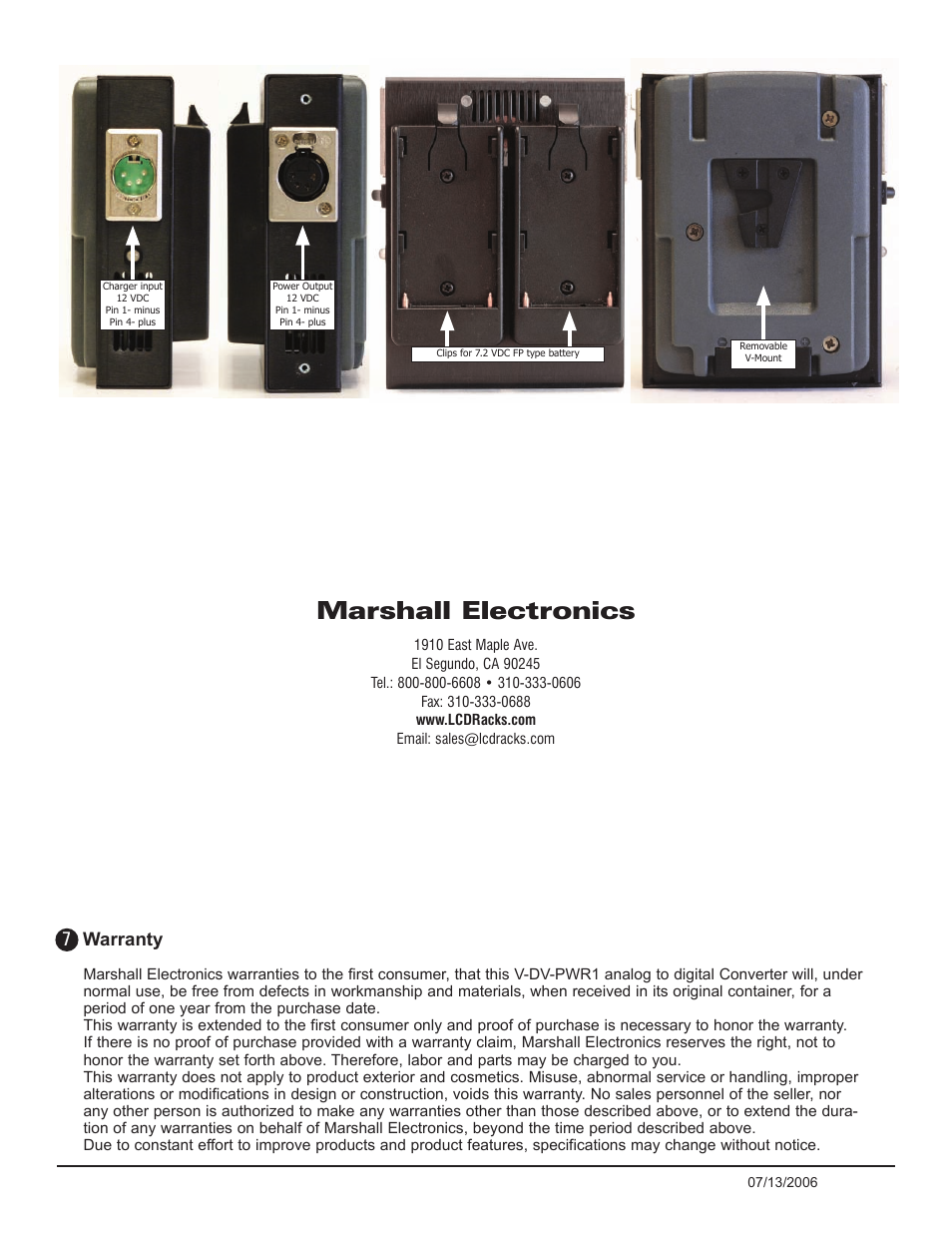 Marshall electronics, Warranty | Marshall electronic V-DV-PWR1 User Manual | Page 2 / 2
