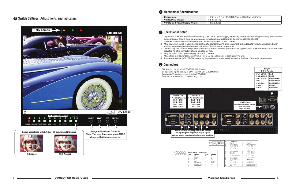 Operational setup, Connectors, Mechanical specifications | Switch settings, adjustments and indicators, Dry erase, Tally lamps, V-r82dp-hd users guide marshall electronics, V-r82dp-sd users guide marshall electronics, Vga/xga connector | Marshall electronic V-R82DP-SD User Manual | Page 4 / 4