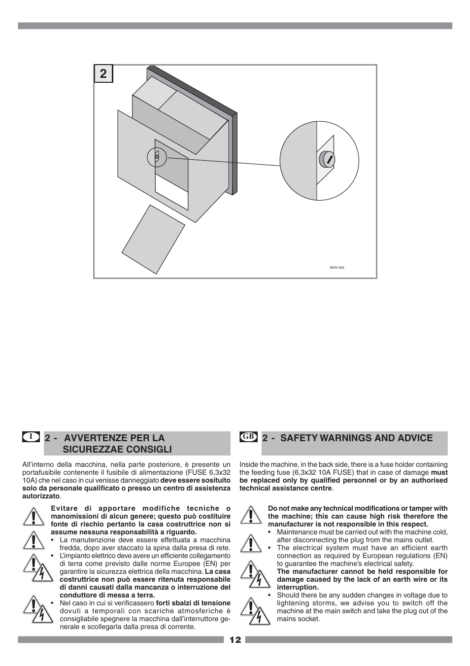 2 - avvertenze per la sicurezzae consigli, 2 - safety warnings and advice | Mamiya Built-In Automatic Electronic Coffee Machine SCM1 User Manual | Page 11 / 101