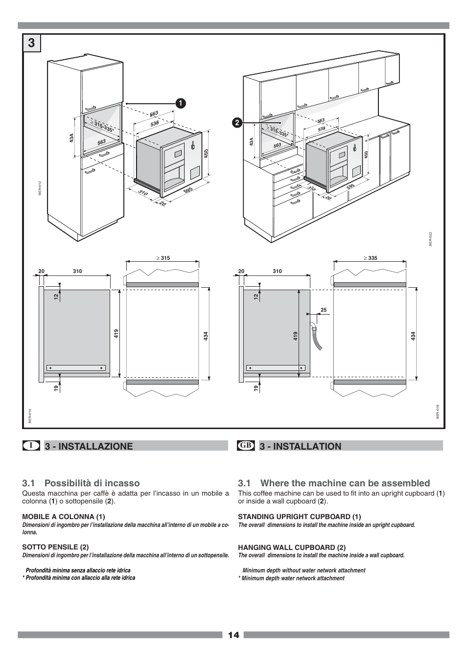 1 possibilità di incasso, 3 - installazione, 3 - installation | 1 where the machine can be assembled | Mamiya Built-In Automatic Electronic Coffee Machine SCM1 User Manual | Page 13 / 101
