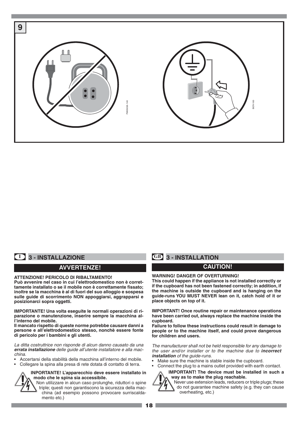 3 - installazione, Avvertenze, 3 - installation | Caution | Mamiya Built-In Automatic Electronic Coffee Machine SCM1 User Manual | Page 17 / 101