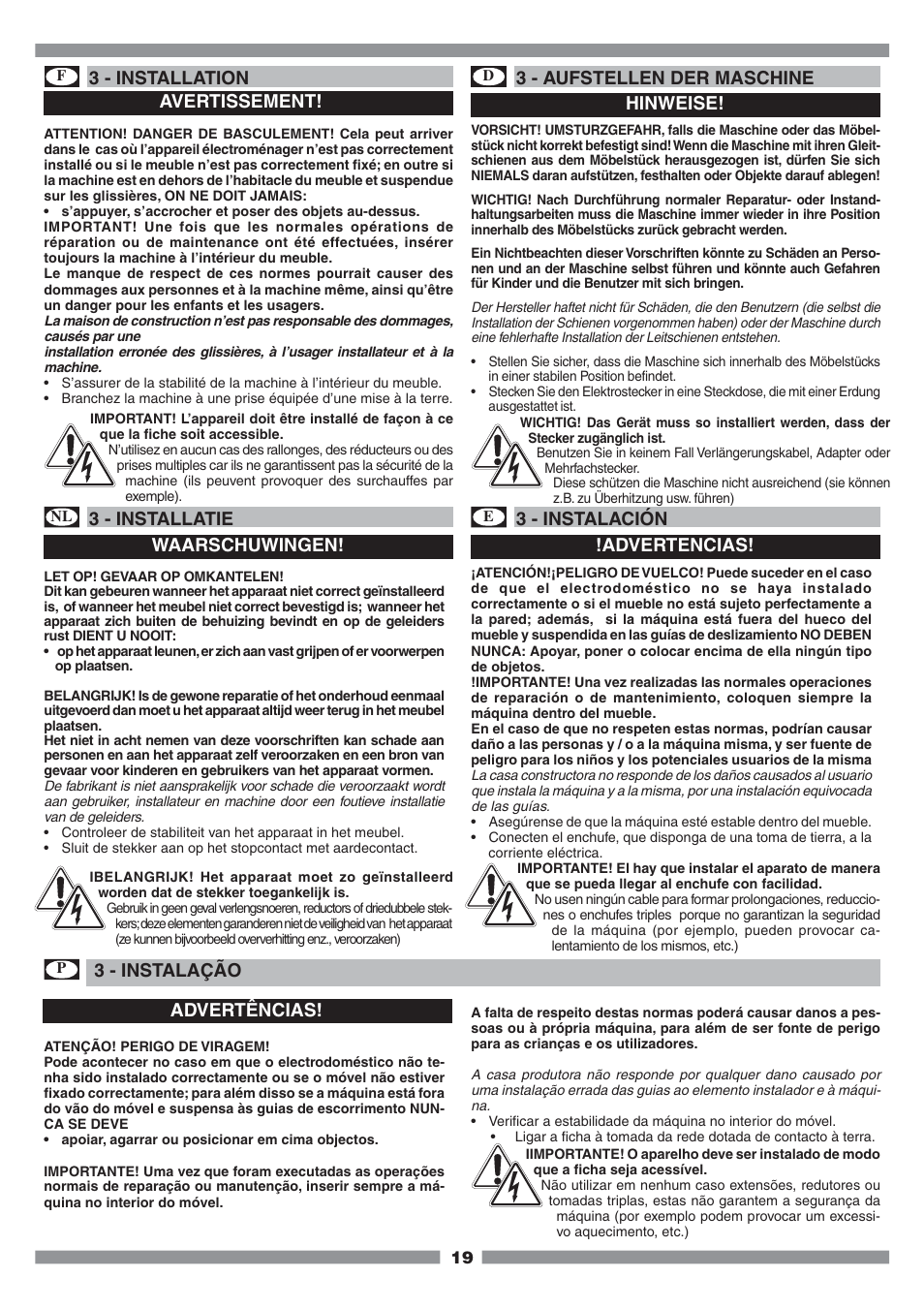 3 - installation, 3 - aufstellen der maschine, 3 - installatie | 3 - instalación, 3 - instalação, Waarschuwingen, Advertencias, Advertências, Avertissement, Hinweise | Mamiya Built-In Automatic Electronic Coffee Machine SCM1 User Manual | Page 18 / 101