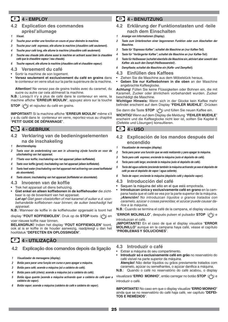 4 - employ, 4 - benutzung, 4 - gebruik | 4 - utilização, 4 - uso, 2 explication des commandes aprèsl’allumage, 3 versement du café, 3 einfüllen des kaffees, 3 invoeren van de koffie, 2 explicación de los mandos después del encendido | Mamiya Built-In Automatic Electronic Coffee Machine SCM1 User Manual | Page 24 / 101