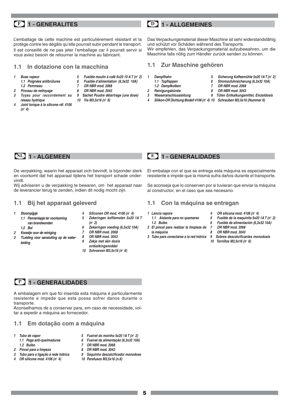 1 - generalites, 1 in dotazione con la macchina, 1 zur maschine gehören | 1 - allgemeines, 1 - algemeen, 1 bij het apparaat geleverd, 1 con la máquina se entregan, 1 - generalidades, 1 em dotação com a máquina | Mamiya Built-In Automatic Electronic Coffee Machine SCM1 User Manual | Page 4 / 101
