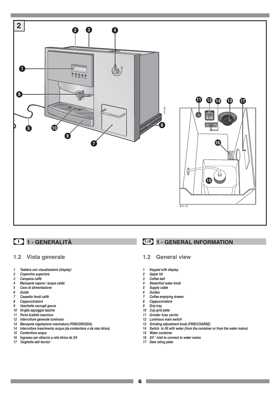 2 vista generale, 1 - generalità, 1 - general information | 2 general view | Mamiya Built-In Automatic Electronic Coffee Machine SCM1 User Manual | Page 5 / 101