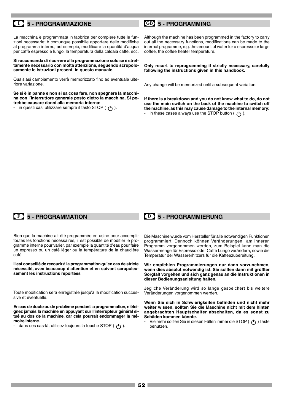 5 - programmazione, 5 - programming, 5 - programmation | 5 - programmierung | Mamiya Built-In Automatic Electronic Coffee Machine SCM1 User Manual | Page 51 / 101