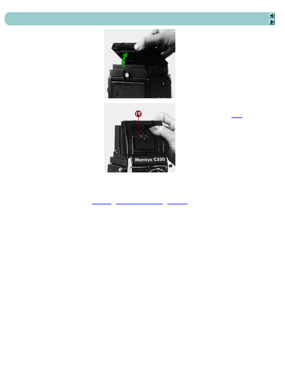 Handling focusing hood, Next, Handling the focusing hood 8 | Raising the focusing hood, Using the magnifier | Mamiya C330 User Manual | Page 10 / 49