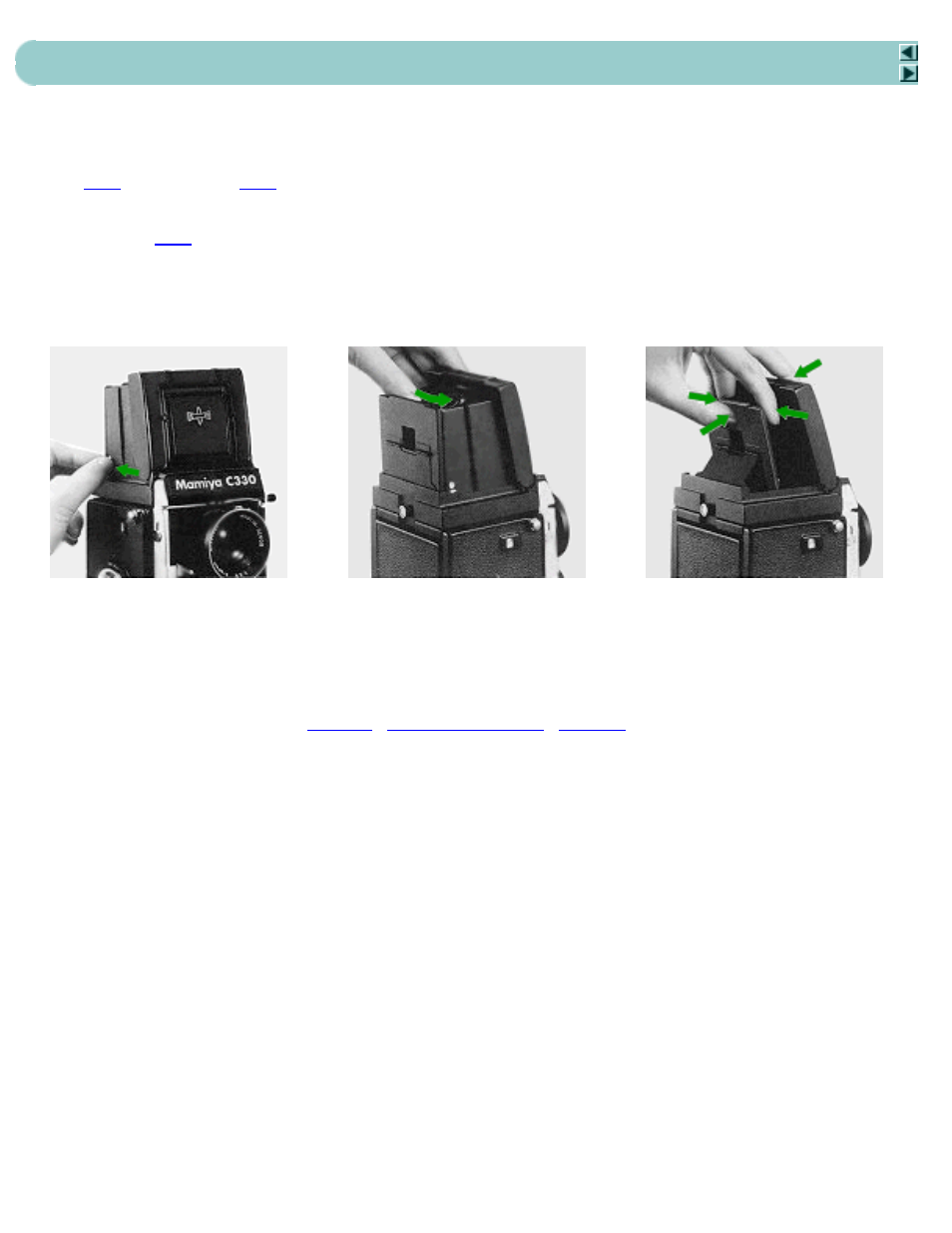 Next, Handling focusing hood (cont.) 10 | Mamiya C330 User Manual | Page 12 / 49