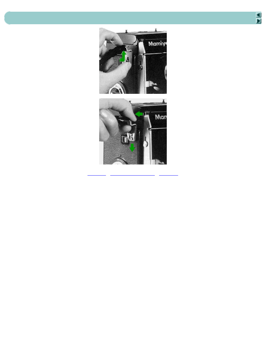 Handling the neck strap, Next, Handling the neck strap 7 | Attaching to camera, Removing from camera | Mamiya C330 User Manual | Page 9 / 49