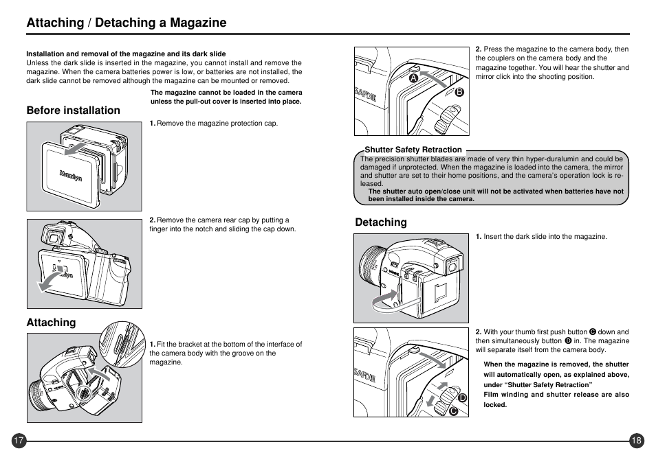 Attaching / detaching a magazine, Detaching, Attaching | Before installation | Mamiya 645 AFD III User Manual | Page 10 / 56