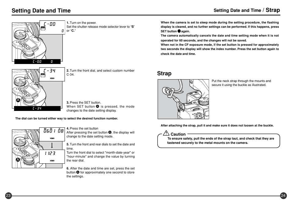 Setting date and time, Strap, Caution | Mamiya 645 AFD III User Manual | Page 13 / 56