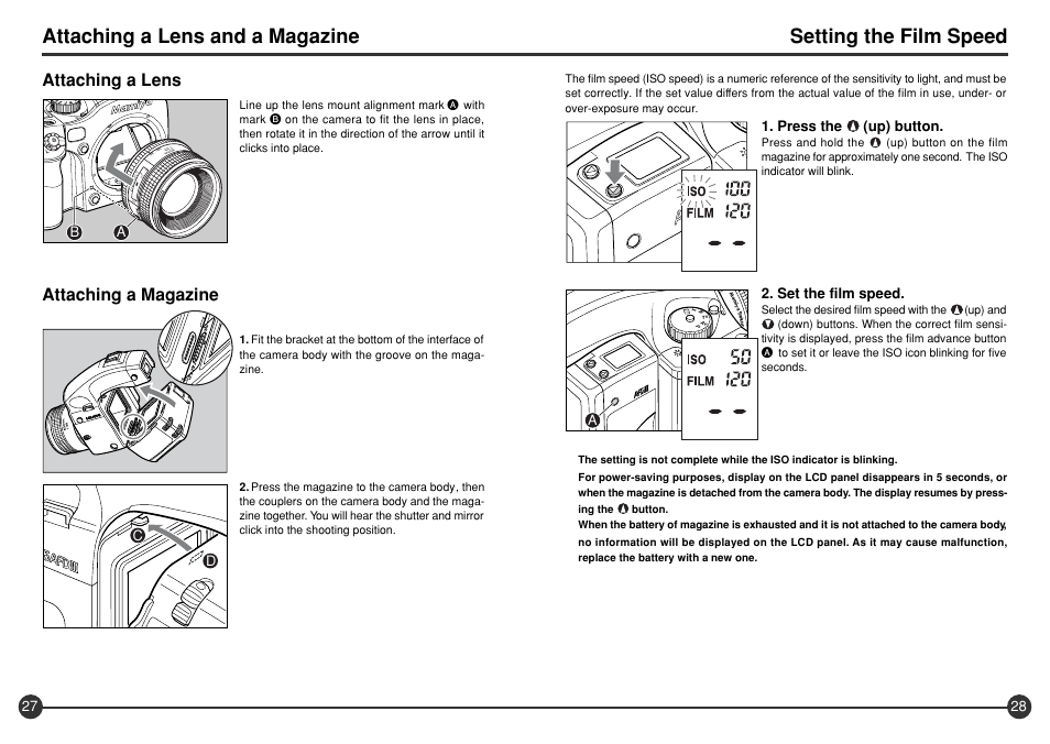 Setting the film speed, Attaching a lens and a magazine, Attaching a lens | Attaching a magazine, Press the (up) button, Set the film speed | Mamiya 645 AFD III User Manual | Page 15 / 56
