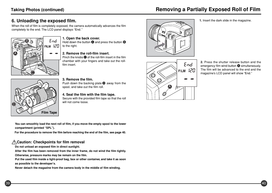 Removing a partially exposed roll of film, Unloading the exposed film | Mamiya 645 AFD III User Manual | Page 21 / 56