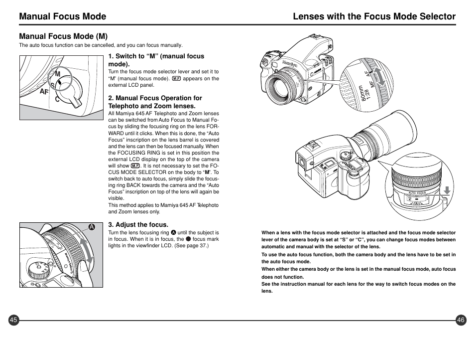 Lenses with the focus mode selector, Manual focus mode, Manual focus mode (m) | Af s c m, Switch to “m” (manual focus mode), Adjust the focus | Mamiya 645 AFD III User Manual | Page 24 / 56