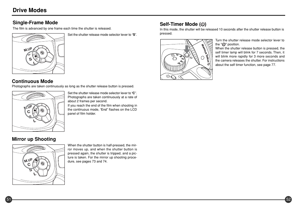 Drive modes, Mirror up shooting, Continuous mode | Single-frame mode, Self-timer mode ( ) | Mamiya 645 AFD III User Manual | Page 27 / 56