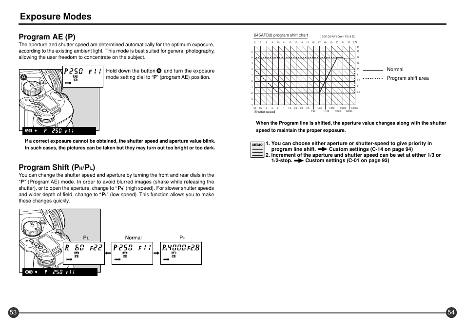 Exposure modes, Program ae (p), Program shift (p | Mamiya 645 AFD III User Manual | Page 28 / 56