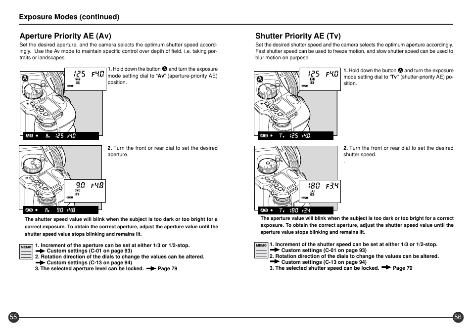 Shutter priority ae (tv), Aperture priority ae (av), Exposure modes (continued) | Mamiya 645 AFD III User Manual | Page 29 / 56