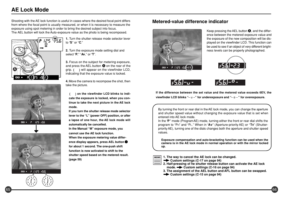 Ae lock mode, Metered-value difference indicator | Mamiya 645 AFD III User Manual | Page 34 / 56