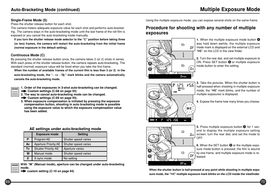 Multiple exposure mode, Auto-bracketing mode (continued), Ae settings under auto-bracketing mode | Mamiya 645 AFD III User Manual | Page 36 / 56
