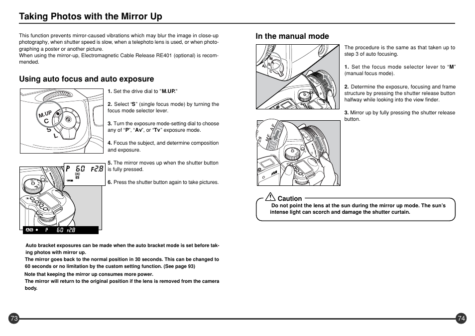 Taking photos with the mirror up, Using auto focus and auto exposure, Caution | Cs l | Mamiya 645 AFD III User Manual | Page 38 / 56
