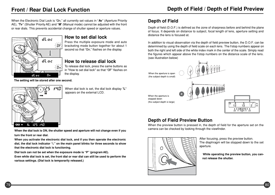 Front / rear dial lock function, Depth of field / depth of field preview, How to set dial lock | How to release dial lock, Depth of field, Depth of field preview button | Mamiya 645 AFD III User Manual | Page 41 / 56