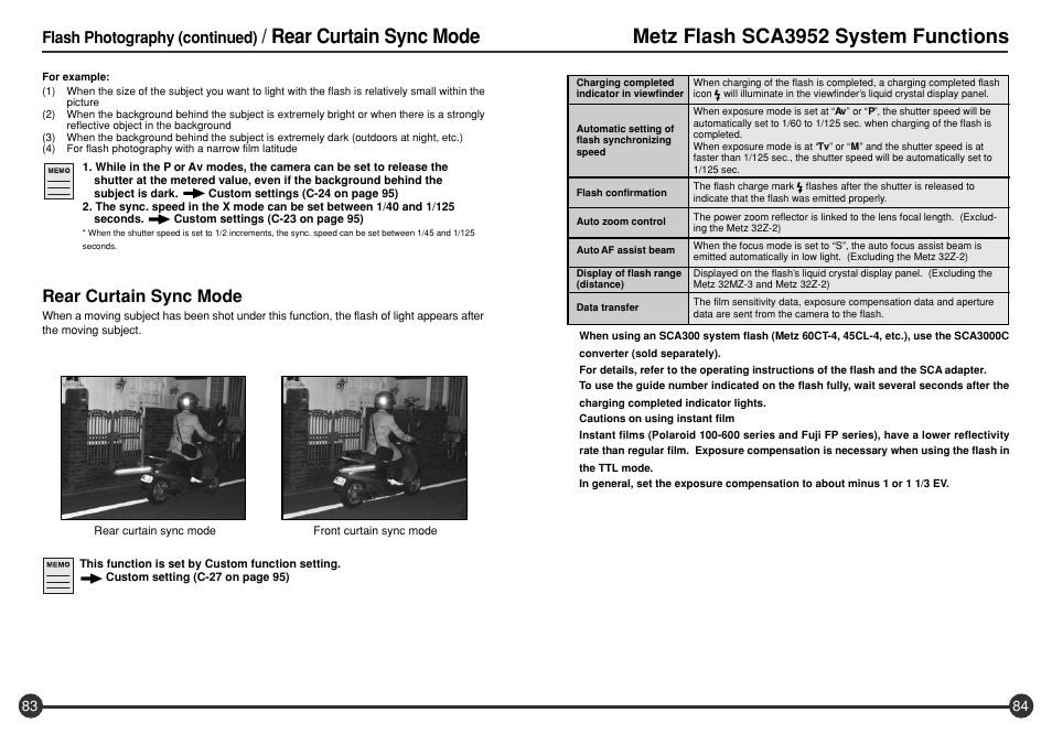 Metz flash sca3952 system functions, Rear curtain sync mode, Flash photography (continued) | Mamiya 645 AFD III User Manual | Page 43 / 56