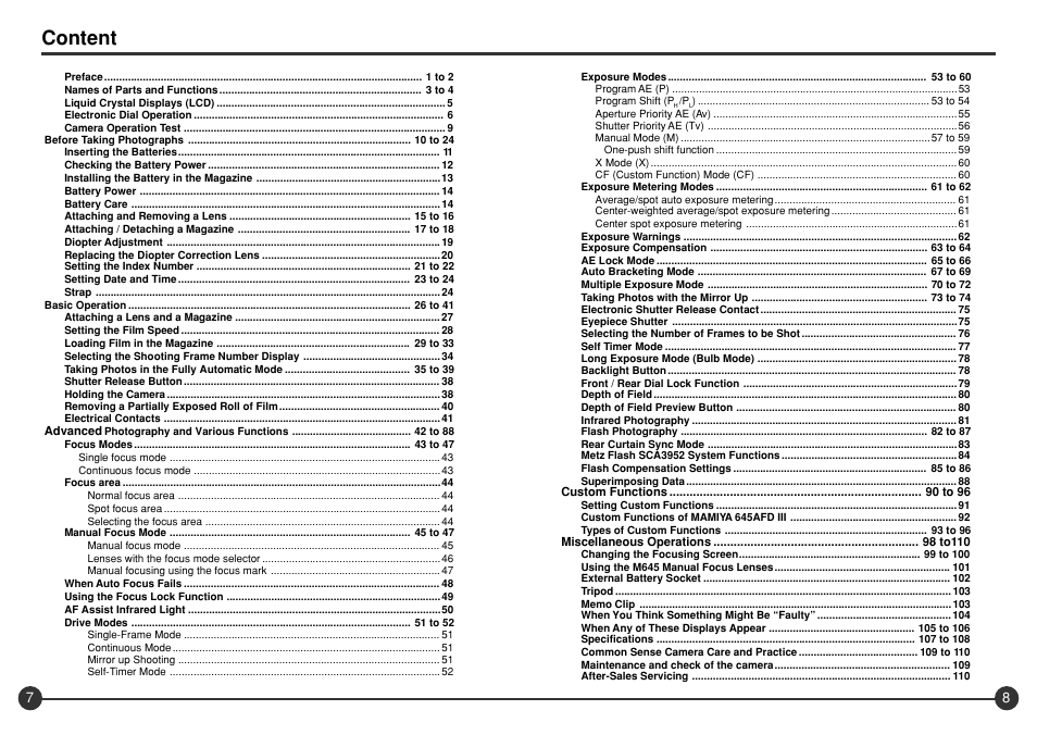 Content | Mamiya 645 AFD III User Manual | Page 5 / 56