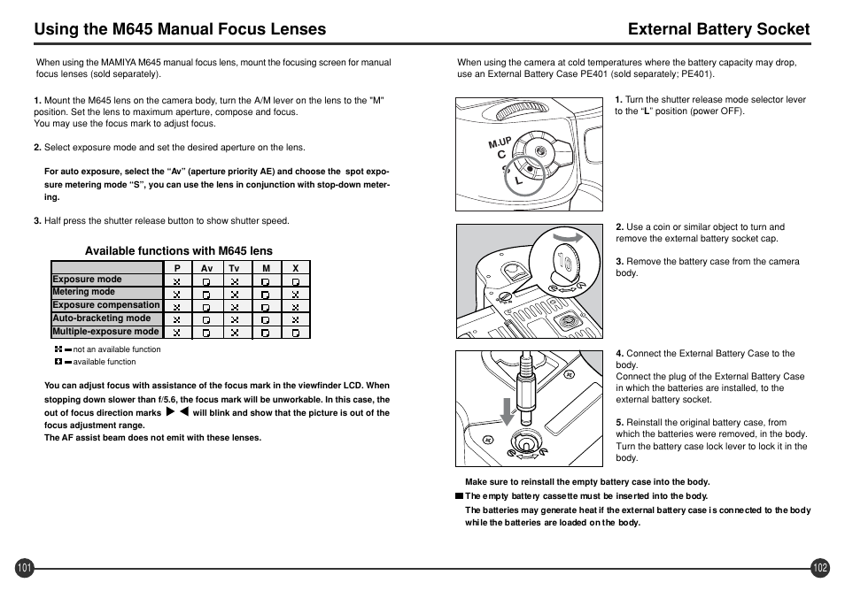 Using the m645 manual focus lenses, External battery socket | Mamiya 645 AFD III User Manual | Page 52 / 56
