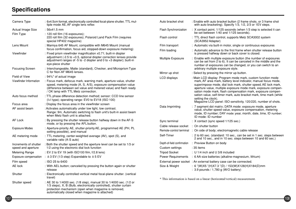 Specifications | Mamiya 645 AFD III User Manual | Page 55 / 56