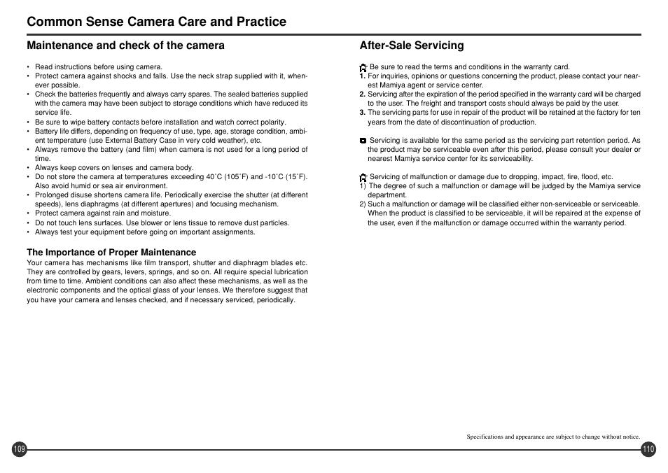 Common sense camera care and practice, Maintenance and check of the camera, After-sale servicing | Mamiya 645 AFD III User Manual | Page 56 / 56