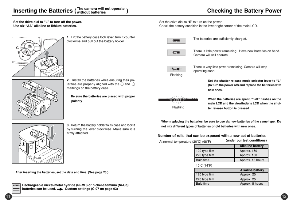 Checking the battery power, Inserting the batteries ( ) | Mamiya 645 AFD III User Manual | Page 7 / 56