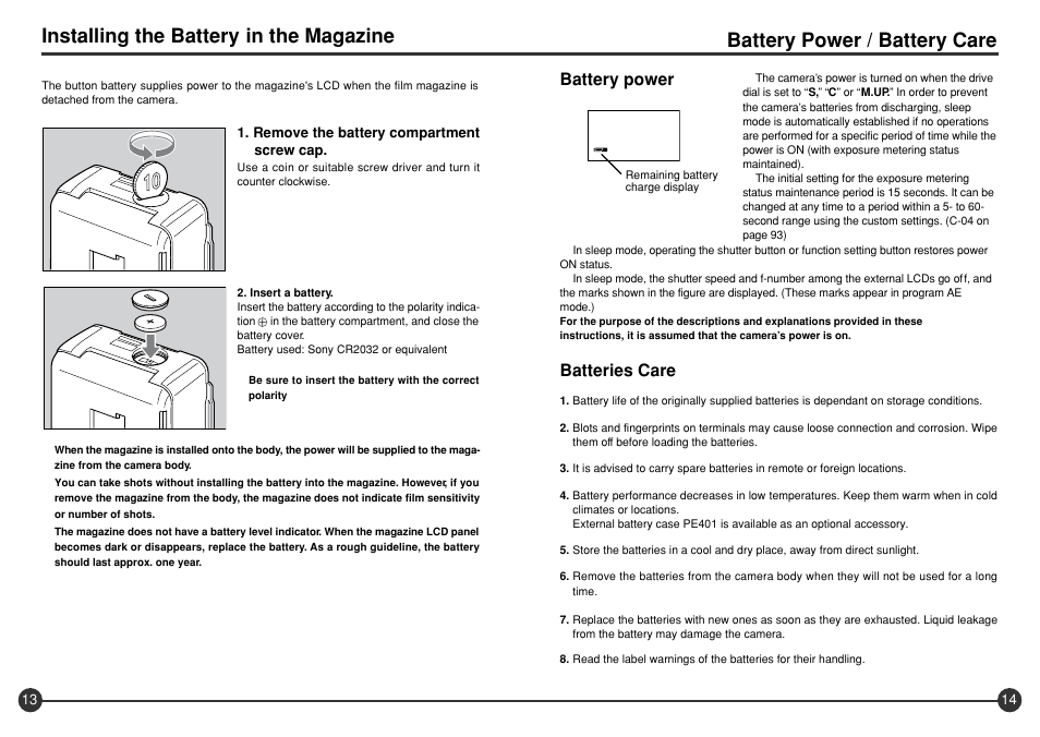 Battery power / battery care, Installing the battery in the magazine, Batteries care | Battery power | Mamiya 645 AFD III User Manual | Page 8 / 56
