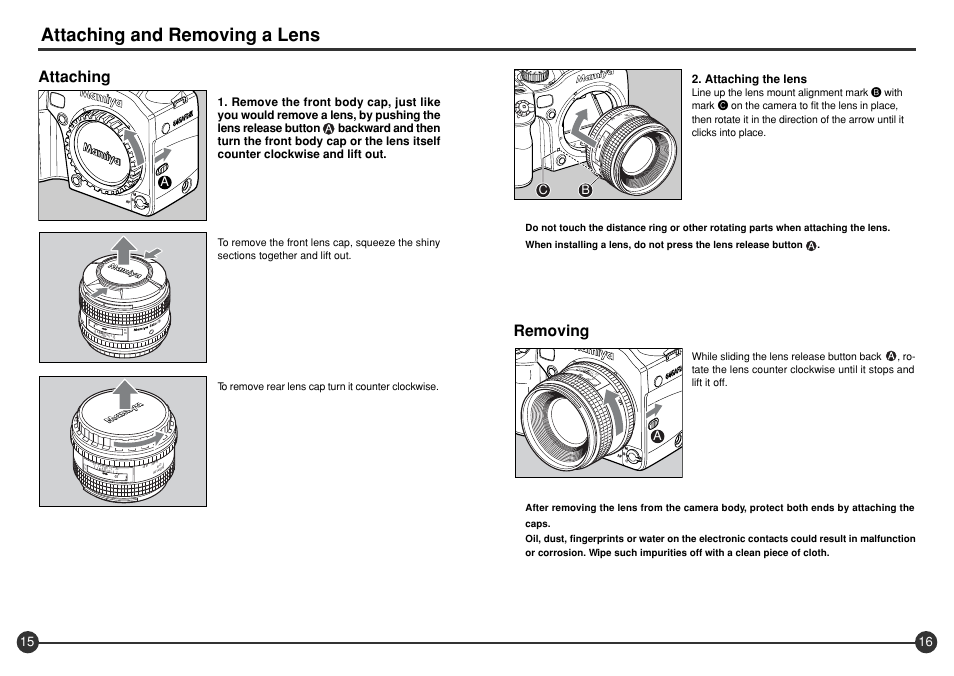 Attaching and removing a lens, Removing, Attaching | Attaching the lens | Mamiya 645 AFD III User Manual | Page 9 / 56
