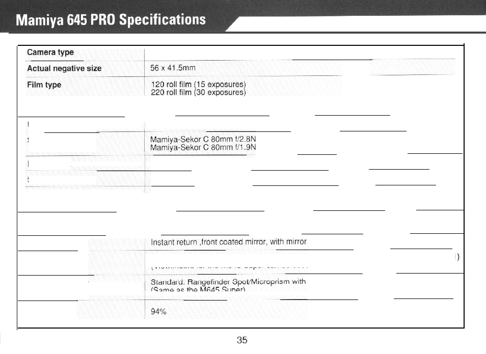 Specifications | Mamiya PRO 645 User Manual | Page 36 / 43