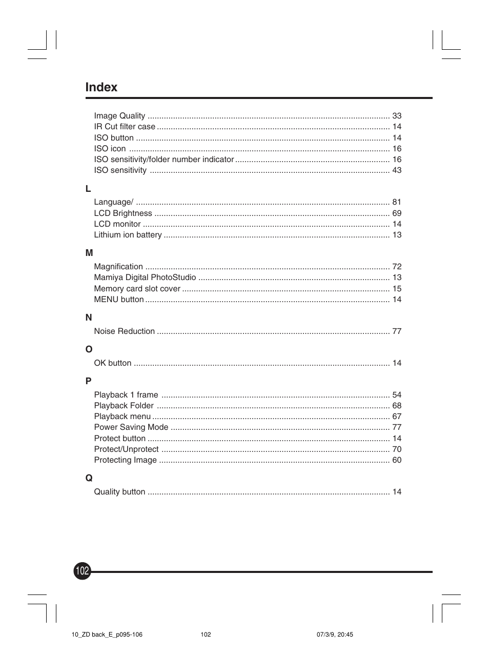 Index | Mamiya Digital Back DCUG1205N01 User Manual | Page 102 / 106