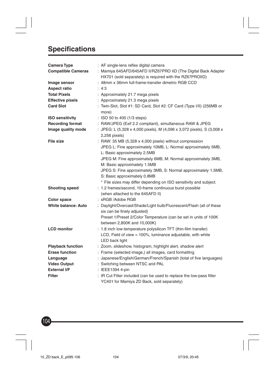 Specifications | Mamiya Digital Back DCUG1205N01 User Manual | Page 104 / 106
