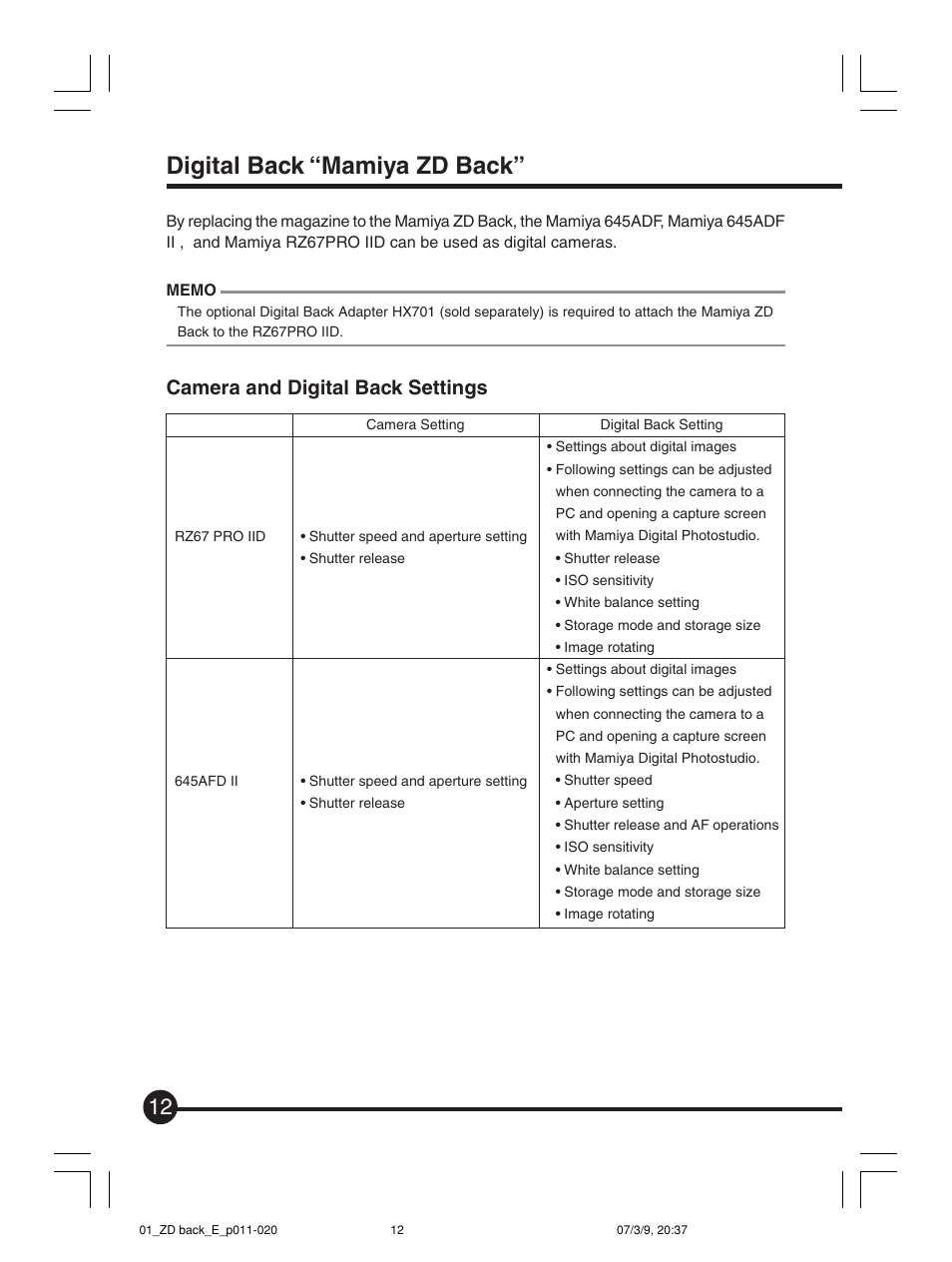 Digital back “mamiya zd back, Camera and digital back settings | Mamiya Digital Back DCUG1205N01 User Manual | Page 12 / 106