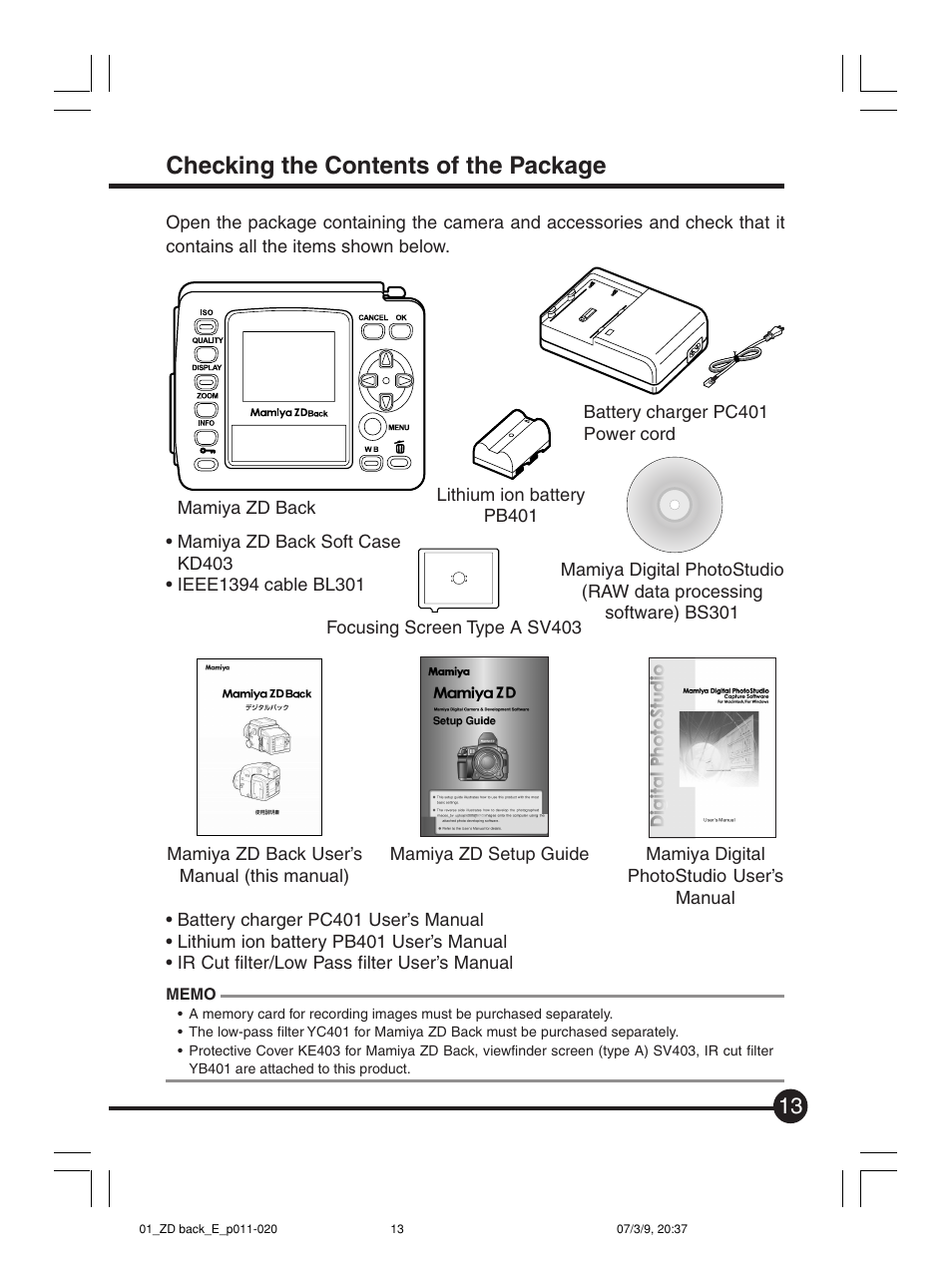 Checking the contents of the package | Mamiya Digital Back DCUG1205N01 User Manual | Page 13 / 106