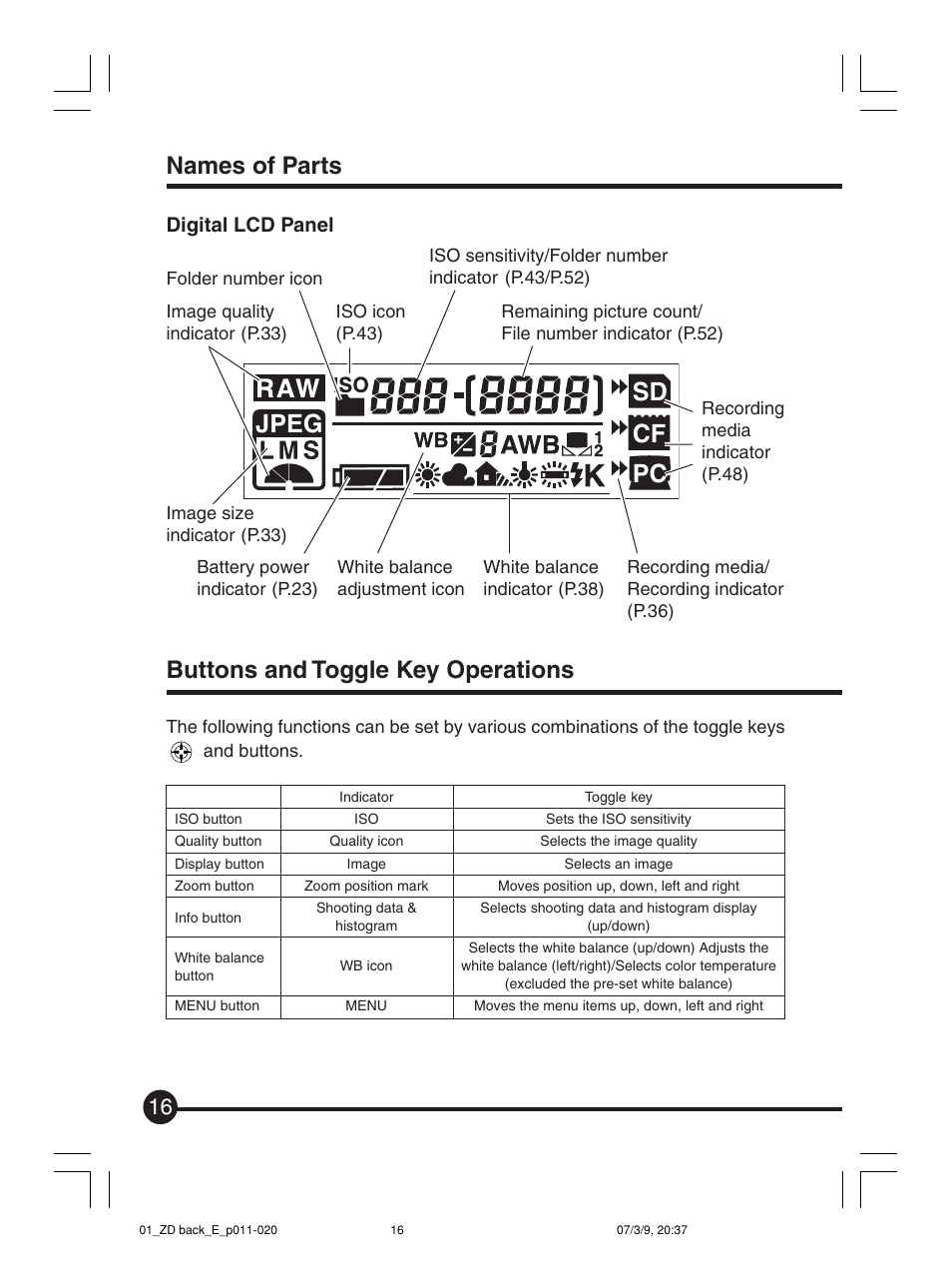Jpeg sd cf pc, Names of parts, Buttons and toggle key operations | Digital lcd panel | Mamiya Digital Back DCUG1205N01 User Manual | Page 16 / 106