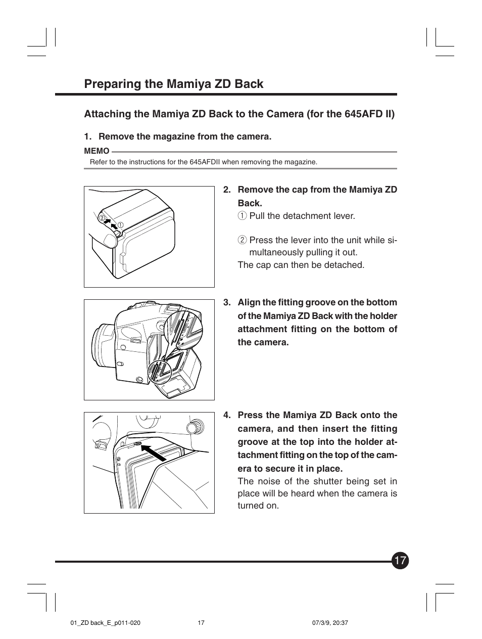 Preparing the mamiya zd back | Mamiya Digital Back DCUG1205N01 User Manual | Page 17 / 106