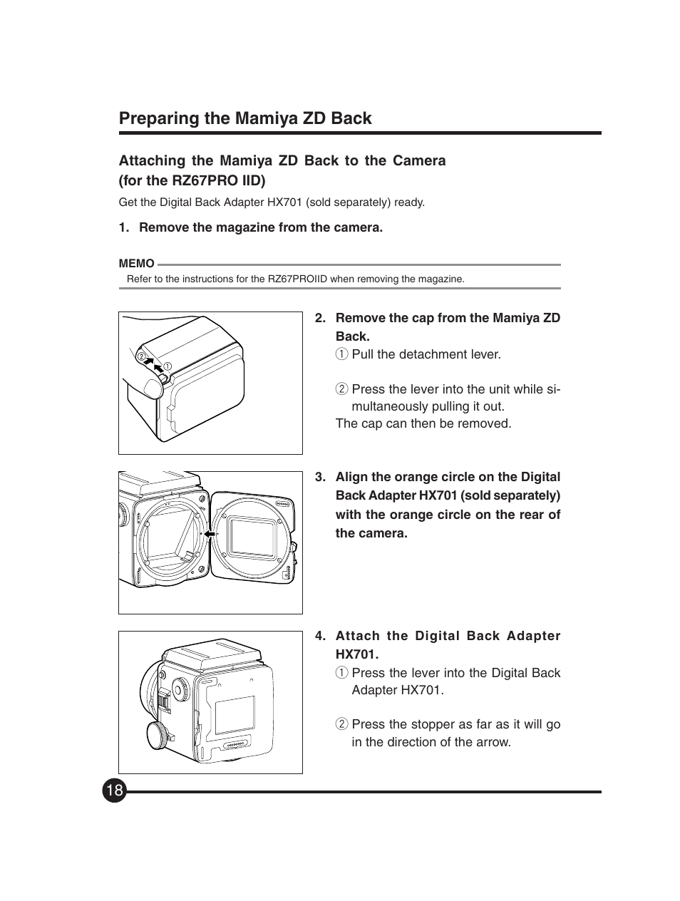Preparing the mamiya zd back | Mamiya Digital Back DCUG1205N01 User Manual | Page 18 / 106