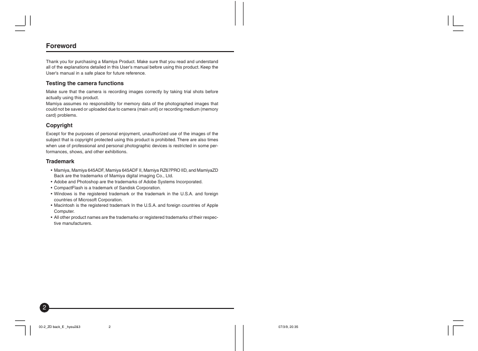 Foreword | Mamiya Digital Back DCUG1205N01 User Manual | Page 2 / 106