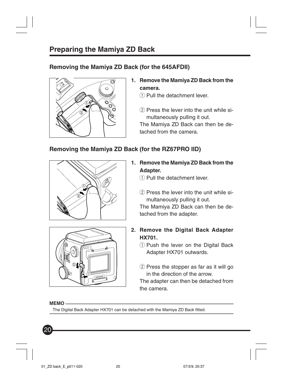 Preparing the mamiya zd back, Removing the mamiya zd back (for the 645afdii), Removing the mamiya zd back (for the rz67pro iid) | Mamiya Digital Back DCUG1205N01 User Manual | Page 20 / 106