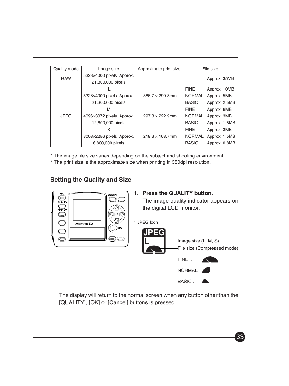 Jpeg, Setting the quality and size | Mamiya Digital Back DCUG1205N01 User Manual | Page 33 / 106