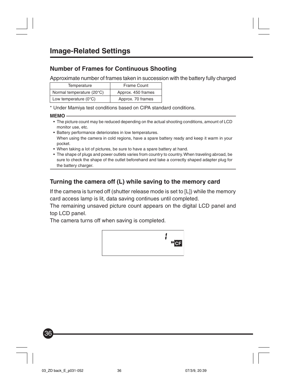 Image-related settings, Number of frames for continuous shooting | Mamiya Digital Back DCUG1205N01 User Manual | Page 36 / 106