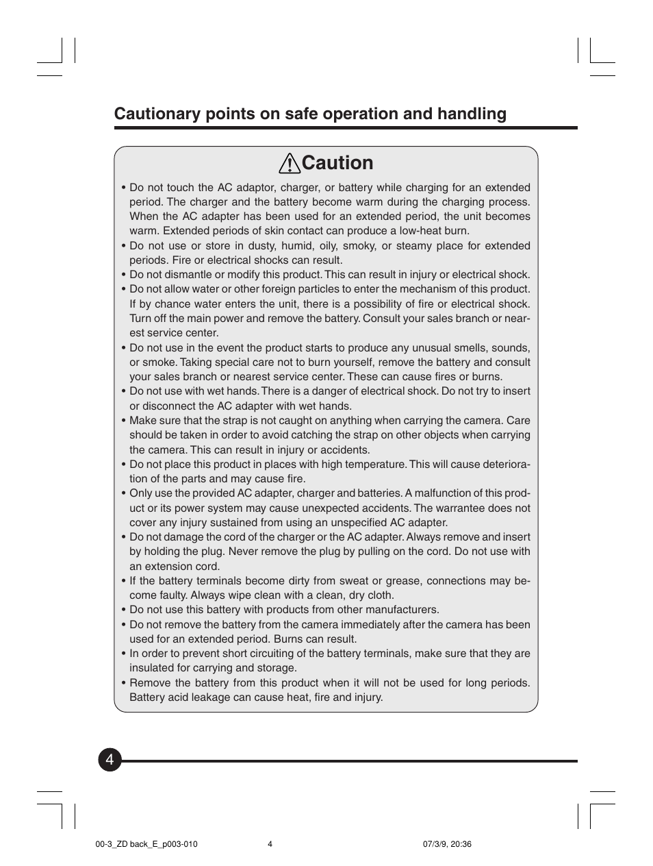 Caution, Cautionary points on safe operation and handling | Mamiya Digital Back DCUG1205N01 User Manual | Page 4 / 106