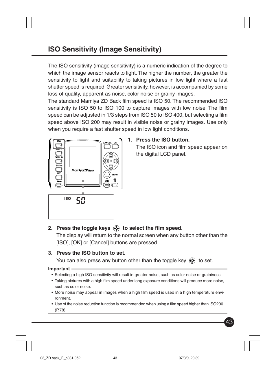 Iso sensitivity (image sensitivity) | Mamiya Digital Back DCUG1205N01 User Manual | Page 43 / 106