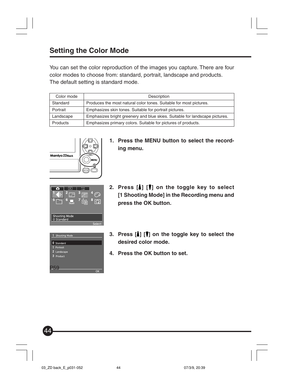 Setting the color mode | Mamiya Digital Back DCUG1205N01 User Manual | Page 44 / 106