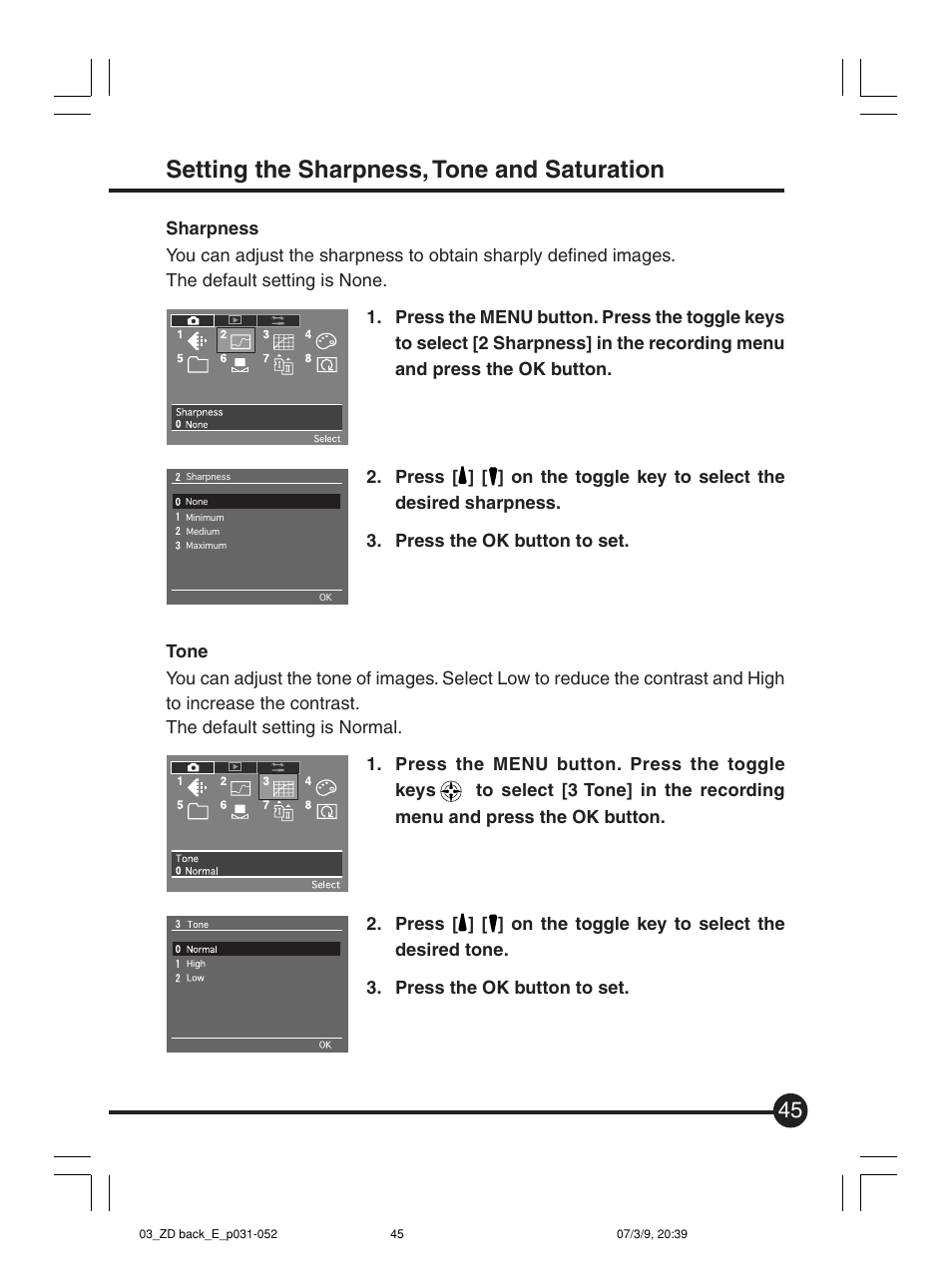 Setting the sharpness, tone and saturation | Mamiya Digital Back DCUG1205N01 User Manual | Page 45 / 106