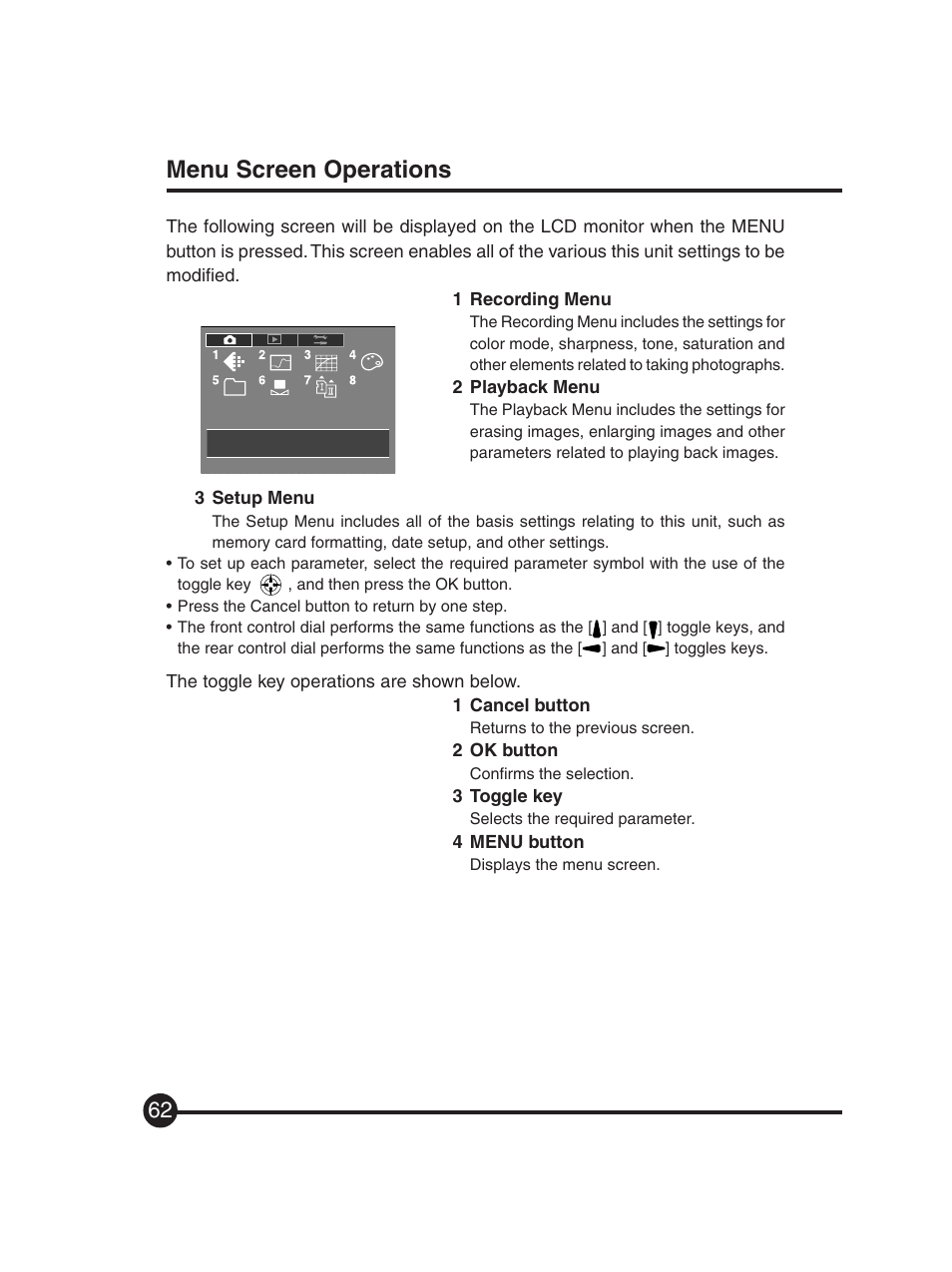 Menu screen operations | Mamiya Digital Back DCUG1205N01 User Manual | Page 62 / 106